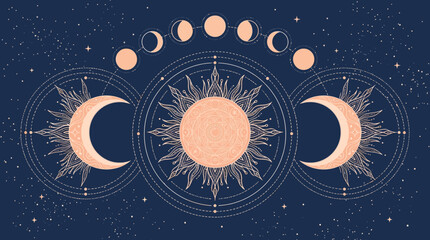 Boho Celestial Sacred Geometry Sun and Moon with Lunar Cycle on Dark Sky © Fery