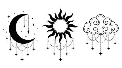 Boho Celestial Moon, Sun, and Cloud Vector Icons with Dangling Stars. Mystical Sky Elements for Spiritual Design & Decor.