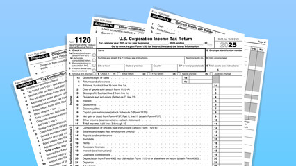 Close up of IRS Form 1120 detailing corporate income tax return information and schedules