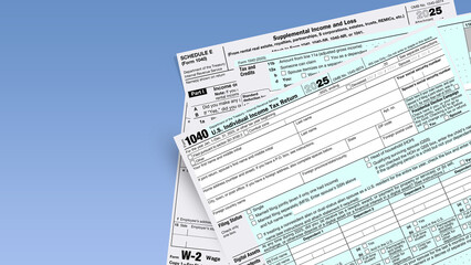 Stacked IRS Form 1040 tax returns with Schedule E and W 2 forms