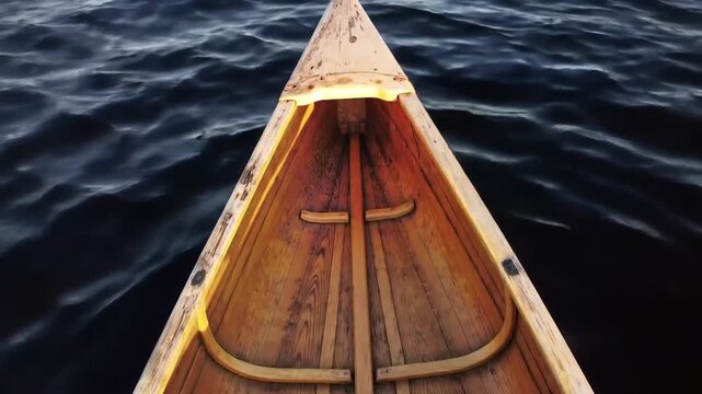 Wooden canoe on rippling water, nautical adventure, travel, leisure activity.