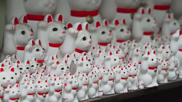 Tokyo, Japan - Sep 30 2024, 4k, A close-up view of many multi-sized white beckoning cat figure of Maneki neko with red ears and noses displayed at Gotokuji Temple, without people, at daytime, Tokyo, J