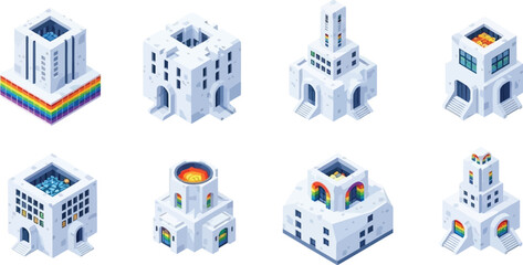 Obraz premium Isometric vector illustration set of white buildings featuring rainbow details