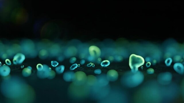Abstract Macro View of Bubbles and Droplets in Blue and Green Hues.