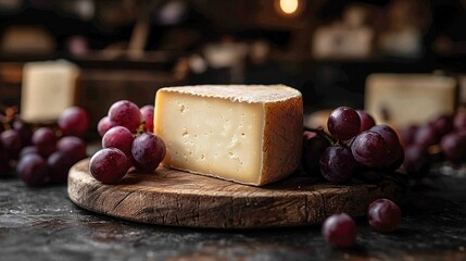 Creamy cheese wedge, ripe grapes