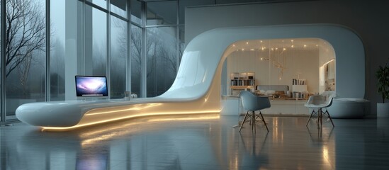 Modern architectural office interior, minimalist design with curved desk and large window