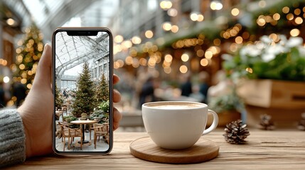 Hand holding phone taking photo of Christmas cafe, coffee in foreground