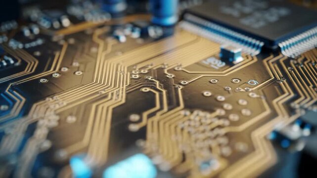 Detailed macro shot of computer motherboard with capacitors and circuit lines, showcasing technology and engineering.