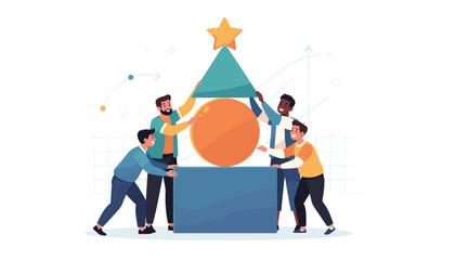 Diverse team of professional men working together to stack colorful geometric shapes like a rectangle, sphere, triangle, and star, symbolizing business collaboration, teamwork, and success. © JohnLester