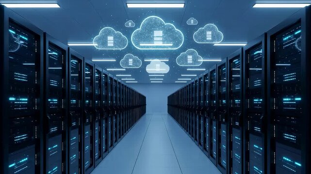 Digital cloud computing data in server room, networking and infrastructure concept with technology evolution