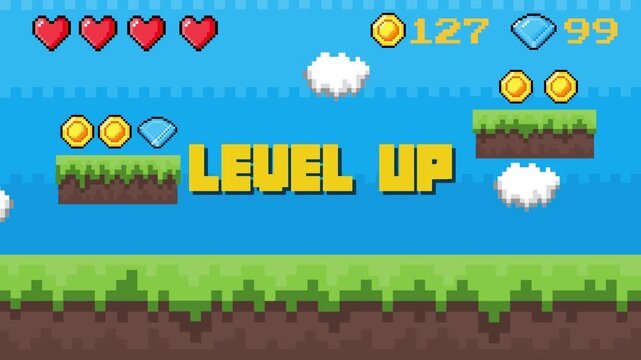 Vibrant pixel art game screen displaying a 'Level Up' message, celebrating player progression and success in a retro 8-bit or 16-bit platformer adventure