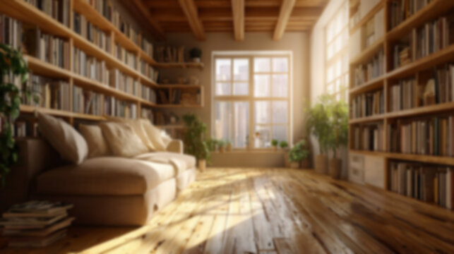 Blurred view of a modern home library with dark wooden bookshelves filled with books and green plants.