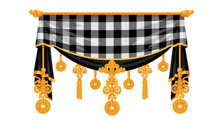 Traditional Balinese Black and White Buffalo Plaid Curtain with Gold Ornate Tassels and Coins