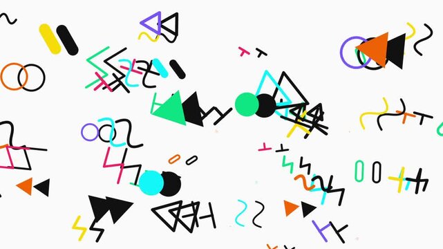 White background animation with various shapes, lines, and symbols in red, blue, green, yellow, and black forming dynamic visual movement