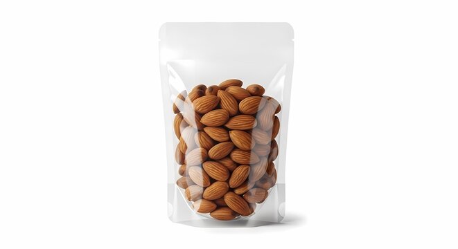 Clear Transparent Stand-Up Pouch Mockup with Raw Almonds on White Background. Healthy Snack Packaging.
