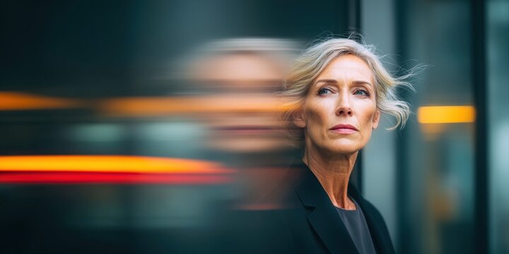 Mature businesswoman with blonde hair looking thoughtful with motion blur background