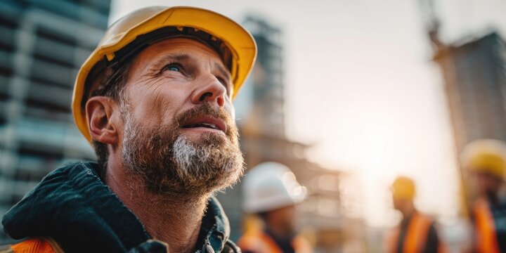 Experienced construction worker in yellow hard hat looking up at building site with hope
