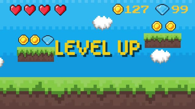 Retro pixel art game screen with 'Level Up' message, classic 8-bit graphics, hearts, coins, and diamonds on a vibrant platformer background