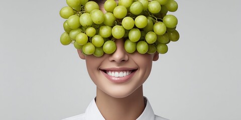 Naklejka premium Smiling woman with a bunch of green grapes covering her eyes on a plain background