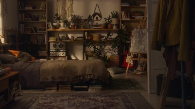Pan left shot of cozy home bedroom with lots of plants and art supplies lit by warm soft lighting creating eclectic maximalist vibe, copy space