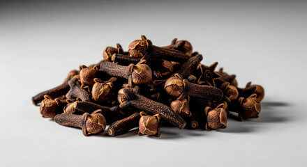 Obraz premium Clean and clinical overhead view of a heap of high-quality dried cloves showcasing their uniform size and rich earthy tones on a light surface