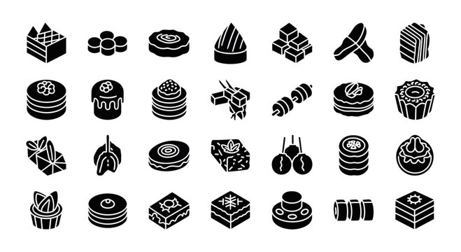 Indonesian Traditional Cake and Snack Glyphs Icon Set - Jajanan Pasar Vector Illustration