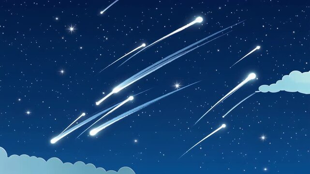 Night sky animation featuring continuous meteor streaks passing through a deep blue starfiel