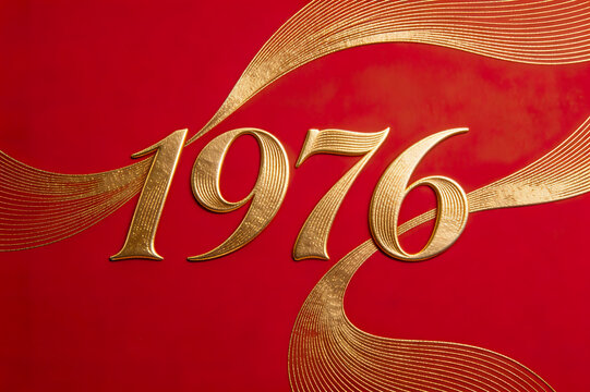Number 1976 formed by flowing golden lines, subtle 3D gold foil emboss effect, matte red background, minimalist luxury festive poster design, ultra detailed