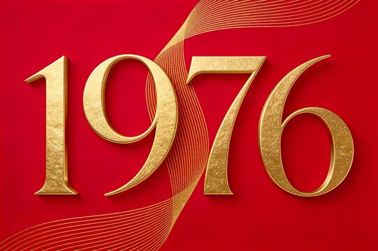 Number 1976 formed by flowing golden lines, subtle 3D gold foil emboss effect, matte red background, minimalist luxury festive poster design, ultra detailed