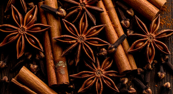 Cozy and festive flat lay of star anise pods cinnamon sticks and aromatic cloves arranged on a dark wooden surface for holiday baking
