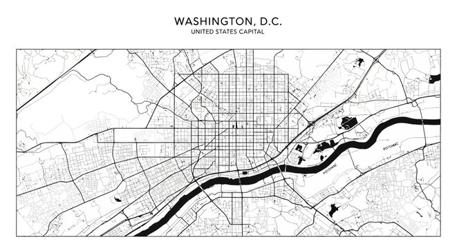 Washington DC City Map Graphic - Black and White Urban Street Grid with Potomac River