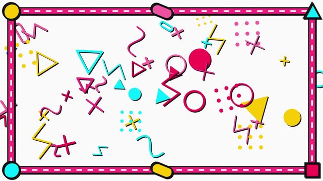 Abstract animation with geometric shapes and symbols in pink, yellow, blue, and green, framed with a pink border