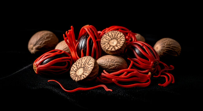 Dramatic close-up of whole and halved nutmeg seeds showcasing the intricate inner patterns and striking red mace on a velvet black background