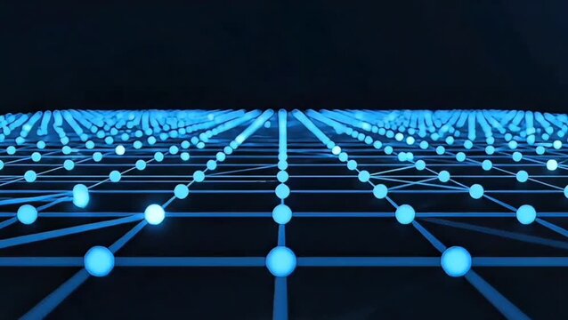 Dynamic visualization of an expansive digital network grid with glowing blue nodes and intricate connections, representing evolving data streams, futuristic technology, and interconnected systems