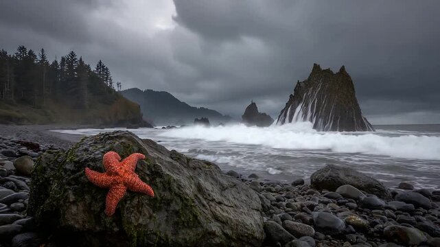 Red Starfish on Rocky Beach, Powerful Ocean Waves Crash Against Dramatic Sea Stacks.