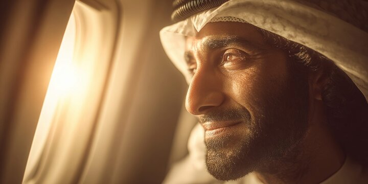 Middle Eastern man in traditional attire looking out airplane window at sunset