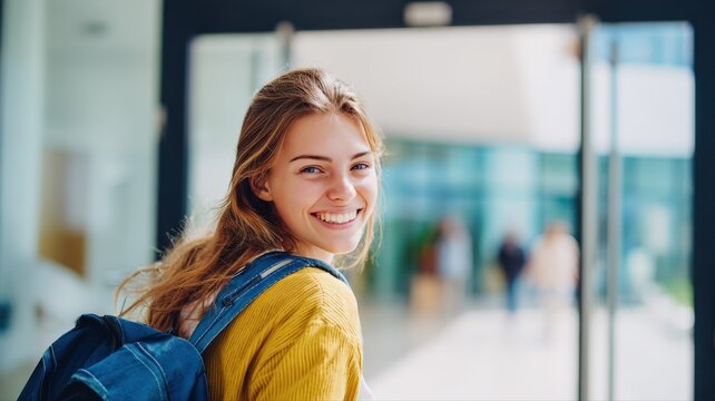 Smiling College Student with Backpack Walking Through Hallway, Confident and Happy, Ready for Education