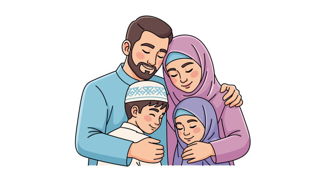 Muslim Family with Children Embracing.