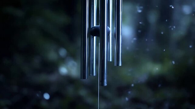 Peaceful wind chimes with a blurred mystical forest background and floating particles.