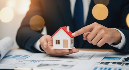Businessman pointing miniature house roof on modern office desk with warm atmospheric bokeh light