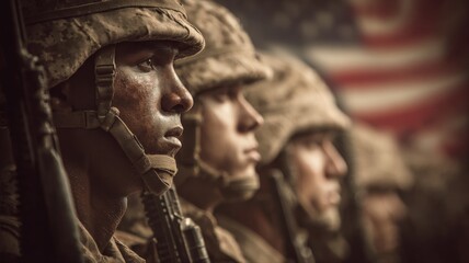Obraz premium Portrait of Brave Soldiers Standing in Formation with the American Flag Symbolizing Strength and Patriotism