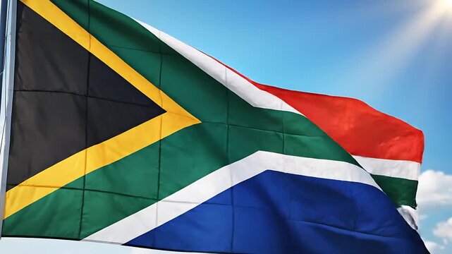 South African flag fluttering in the bright sunlight, with a clear blue sky background