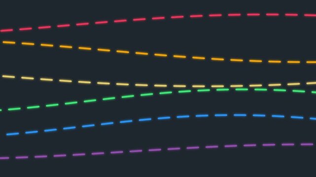 Dark background animation with colorful curved lines in red, orange, yellow, green, blue, and purple forming dynamic pattern