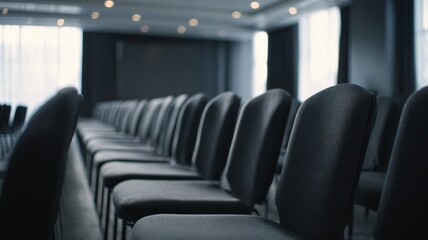 Empty Conference Room with Rows of Chairs Ready for a Business Presentation or Event