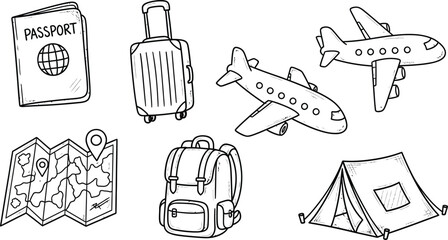 Aviation icon set for air travel design. Vector cartoon illustration of airplane, pilot hat, airport control tower, navigation pin, flight route, headset © Stud