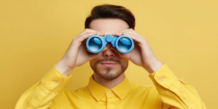 Man in yellow shirt looking through blue binoculars against a yellow background
