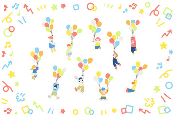 風船につかまって飛ぶこども達と簡単なアイコンのフラットなイラスト（セット）