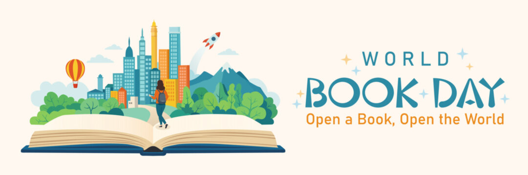 World Book Day banner. Flat vector design of World Book Day with open book transforming into modern city and nature landscape. Vector Illustration.