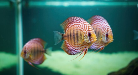 Three red and white patterned fish in an aquarium