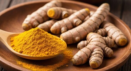 Turmeric powder and roots on wooden plate